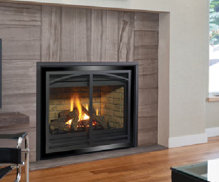 Regency P36D Medium Gas Fireplace with wood surround and vignette faceplate in black chrome