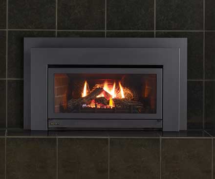 Regency E21 Gas Fireplace Insert with brown tile surround 