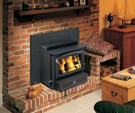 Regency H2100 Wood Fireplace Insert and Hearth Warmer on brick hearth 