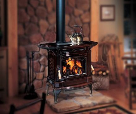 Regency H300 Hampton Cast Iron brown Free Standing Wood Stove Fireplace with tea kettle on top 