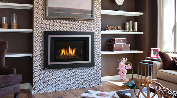 Regency HRI4E gas fireplace insert with multi-colored tile surround