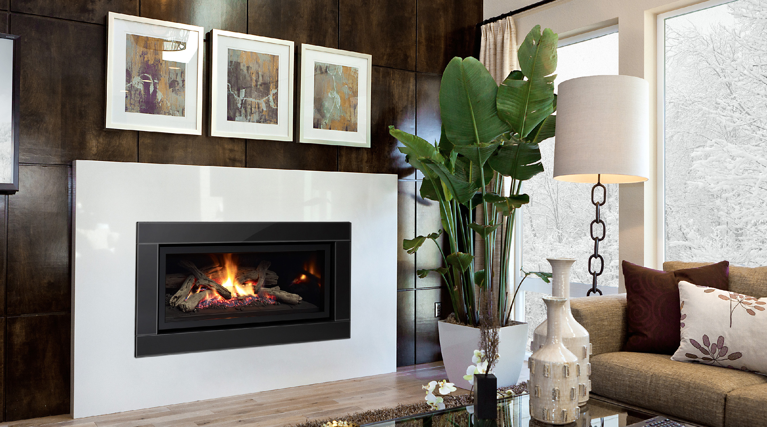 Regency u900 Gas Fireplace Insert with large white tile surround