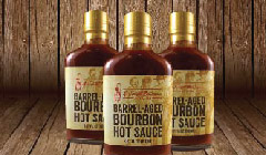 barrel-aged bourbon hot sauce three bottle display